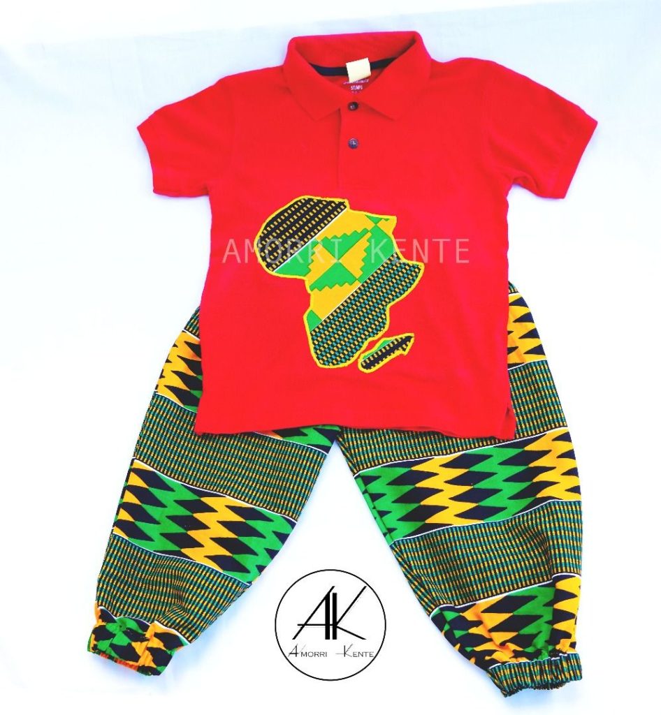 Red Tshirt and green kente trousers with Africa design - Amorri Kente